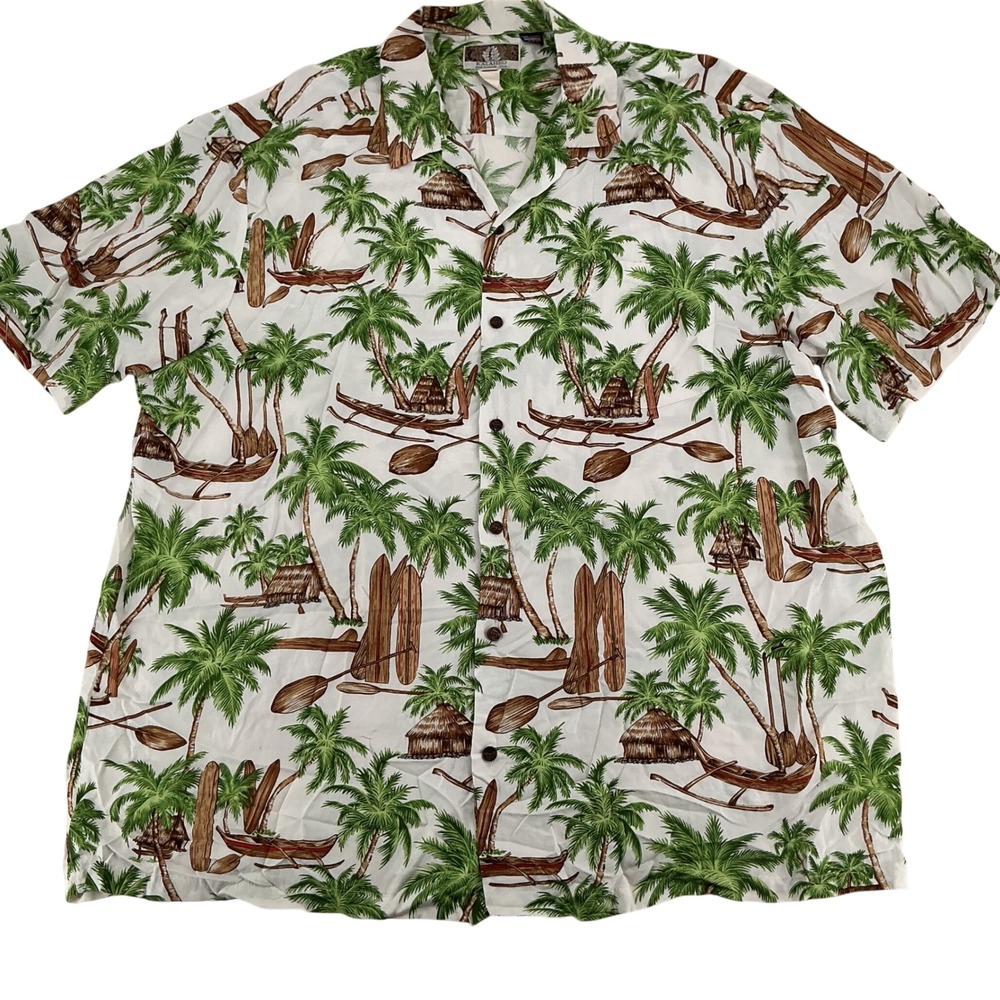 Kalaheo Shirt Mens 3XL White Palm Tree Surfboard‎ Aloha Tropical Hawaiian Beach